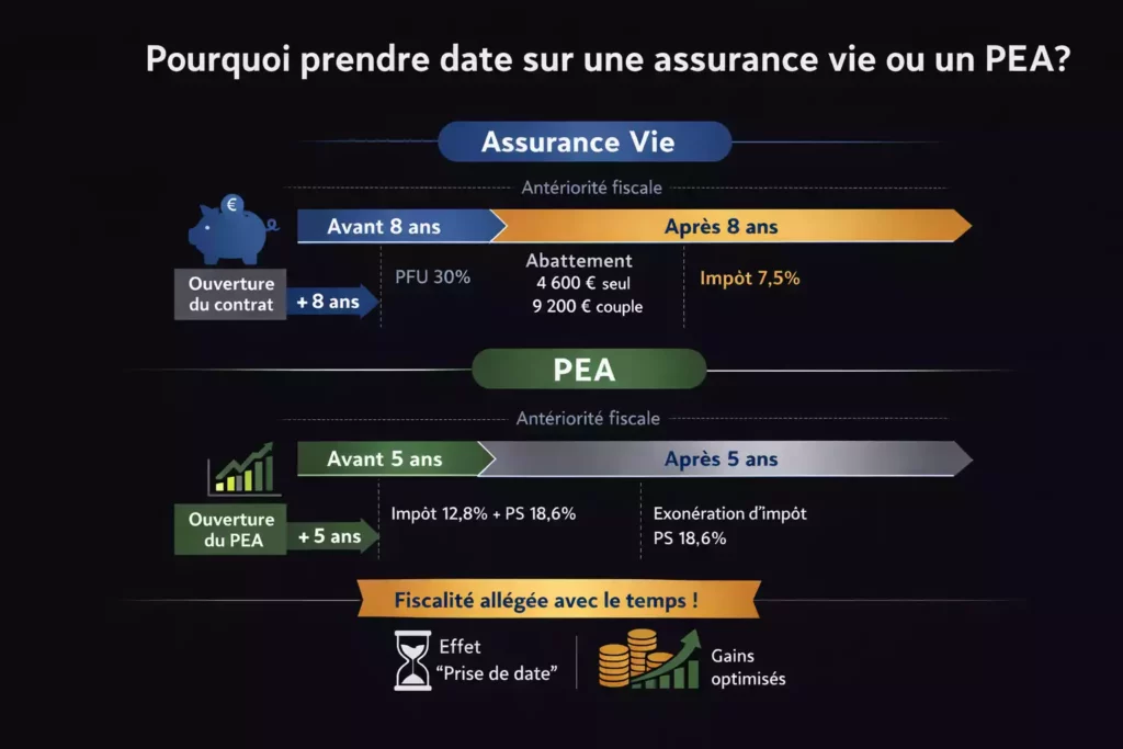 Infographie explicative sur la prise de date d'une assurance vie et d'un PEA, comparant les avantages fiscaux avant et après 8 ans (assurance vie) et 5 ans (PEA), avec exemple chiffré et impact des prélèvements sociaux 2026.